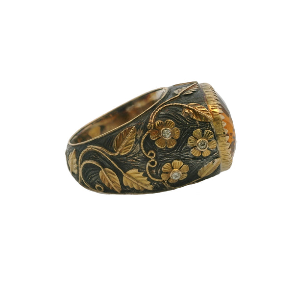18kt Yellow Gold and Sterling Silver Ottoman Style Floral Motif Ring With Large 15ct Orange Citrine and Diamonds Size 8