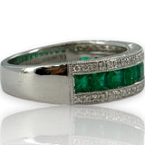 QCD Quality Color Design 14kt Solid White Gold Rhodium Plate Band with Princess Cut Emeralds and Accent Diamonds Size 7 Ring