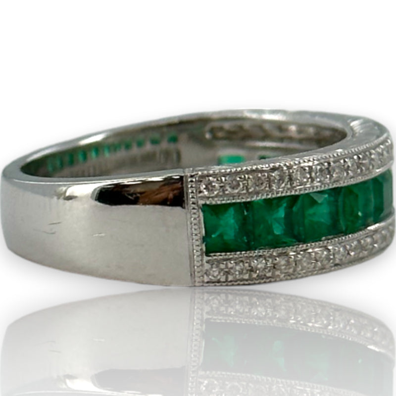 QCD Quality Color Design 14kt Solid White Gold Rhodium Plate Band with Princess Cut Emeralds and Accent Diamonds Size 7 Ring