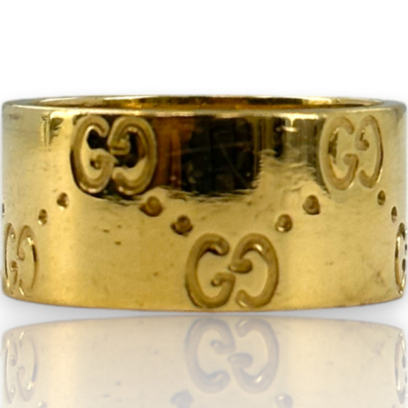 GUCCI Signed Hallmarked Solid 18kt Gold Wide 8.8mm Cigar Band Logo Ring Size 6