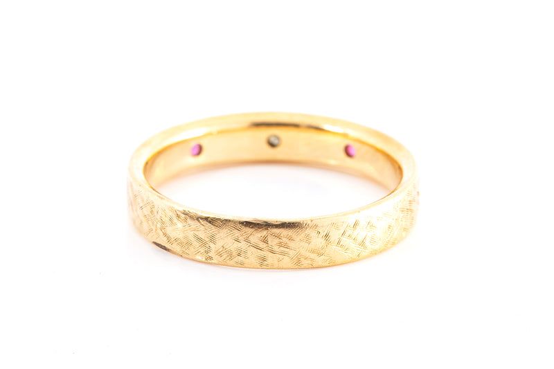 Antique Diamond & Ruby Sateen Finished 14k 585 Yellow Gold Band Ring Size 8