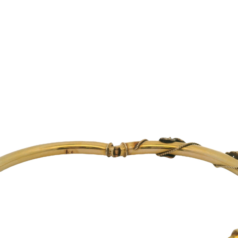 Antique Late Victorian Art Nouveau 14kt Yellow Gold and Cabochon Opal Rope Bangle Bracelet 6.5"