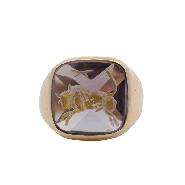 Vintage 1970-80s 14kt Yellow Gold Amethyst and Gold Enamel Bull Taurus Signet Ring Size 3.5