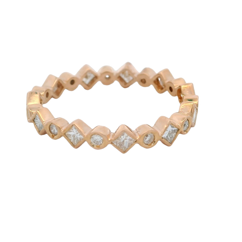 Solid 18kt Rose Gold Round and Princess Cut Alternating Diamond Band