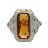 Antique 1920s Solid 10kt White Gold Orange Citrine Solitaire Filigree Ring Size 7