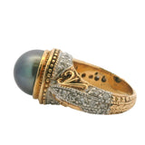 Vintage Solid 14kt 2 Tone Gold Tahitian Pearl Cocktail Ring with Accent Diamonds Size 5