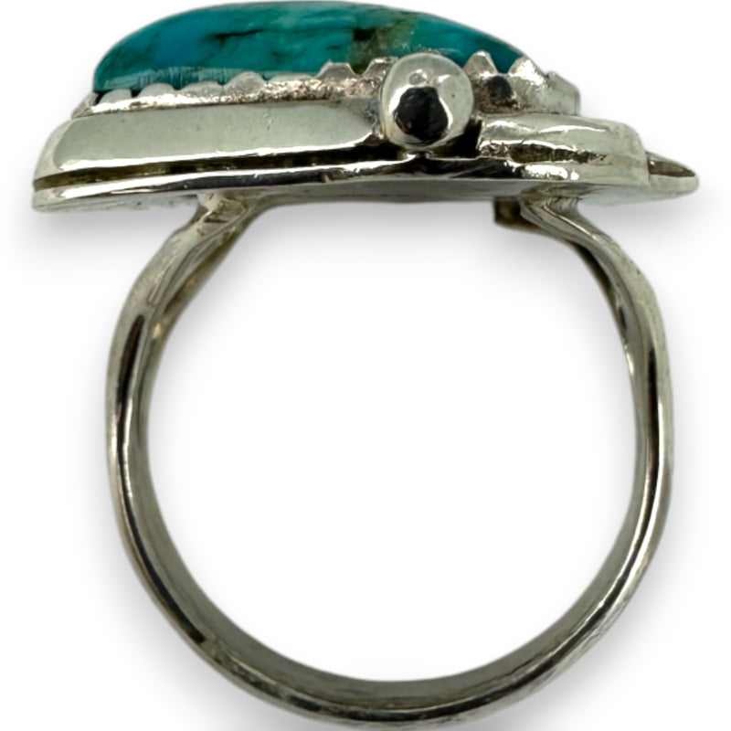 Glen Feszcher Native American 925 Sterling Silver and Turquoise Feather Motif Ring Size 5.5