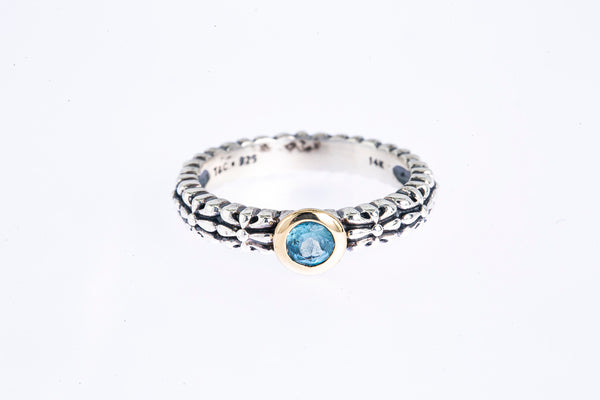 T&C Aquamarine Byzantine Carved Band 925 Silver & 14K Yellow Gold Ring Sz 7 1/4