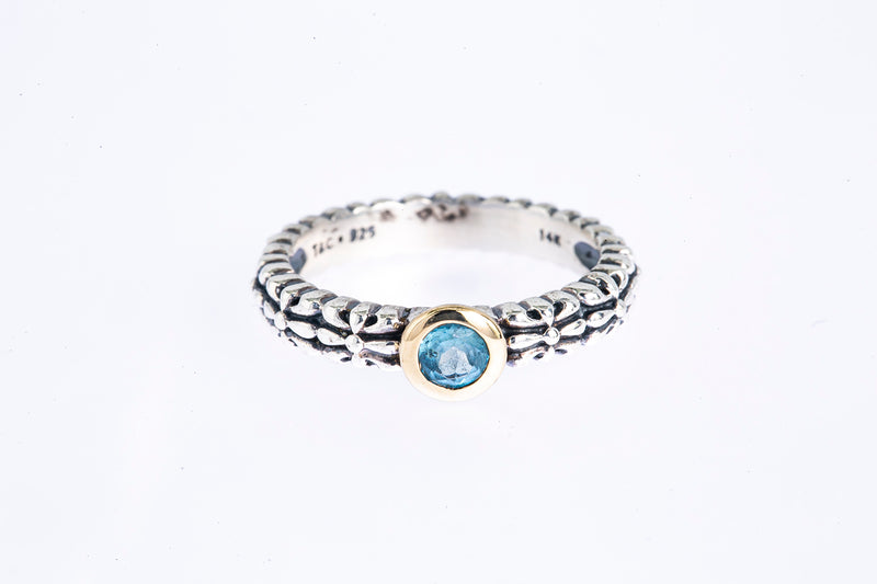 T&C Aquamarine Byzantine Carved Band 925 Silver & 14K Yellow Gold Ring Sz 7 1/4