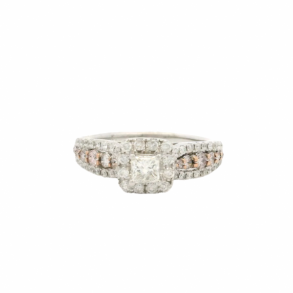 14kt Solid White Gold and Princess Cut Diamond Engagement Ring with Halo and Diamond Shoulders Size 7