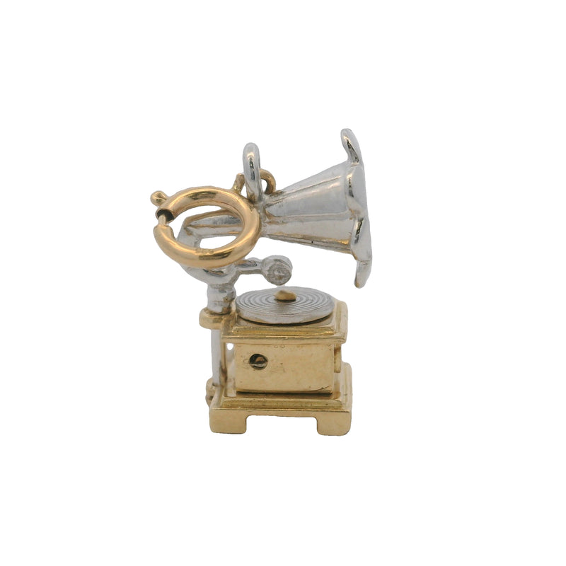 Vintage 14kt White and Yellow Gold Gramophone Phonograph Moving Charm Pendant