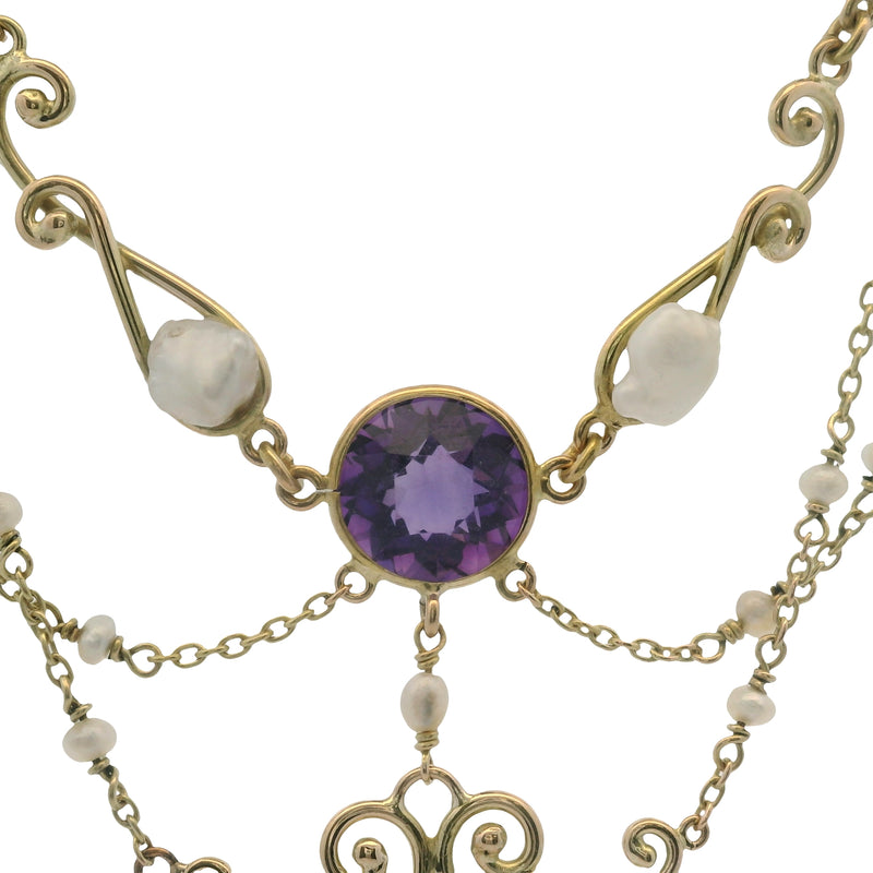 Antique Early 1900s Art Nouveau 14kt Yellow Gold Amethyst and Pearl 14.5" Festoon Necklace