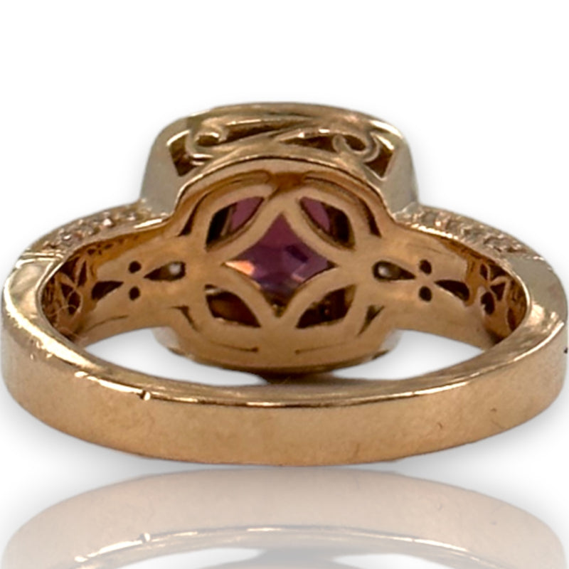 LeVian Solid 14kt Solid Rose Strawberry Gold Vivid Raspberry Rhodolite Garnet and Chocolate Diamonds with White Vanilla Diamond Halo Size 7 Ring
