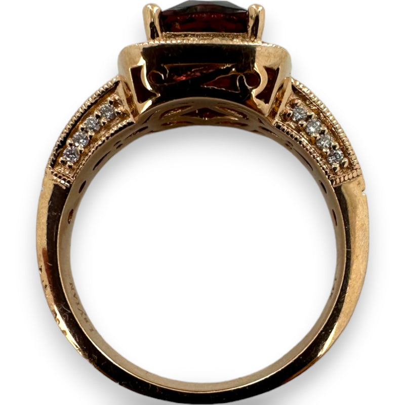 LeVian Solid 14kt Solid Rose Strawberry Gold Vivid Raspberry Rhodolite Garnet and Chocolate Diamonds with White Vanilla Diamond Halo Size 7 Ring