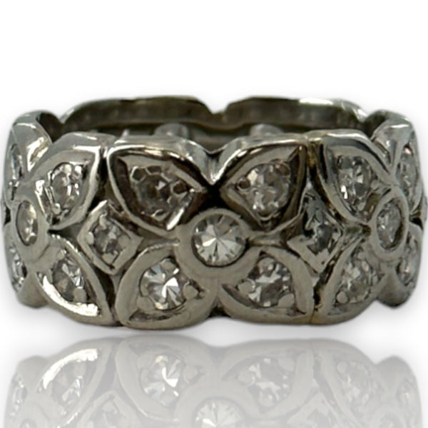 Antique Handmade 1920s Art Deco Solid 900 Platinum Bezel Set Single Cut Diamond Floral Eternity 8.3mm Band Size 5 Ring