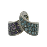 Solid 18kt White Gold Amethyst, Blue Topaz, and Diamond Wave Cocktail Ring Size 6.5