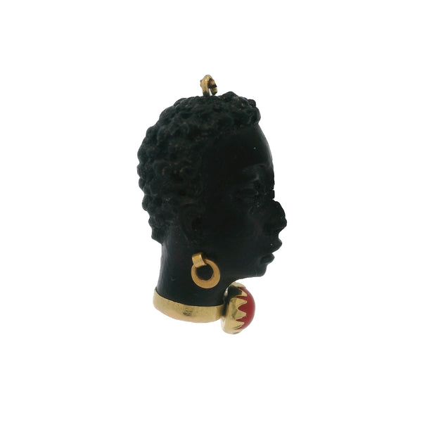 Vintage Corletto Italian 18kt Yellow Gold Wooden Blackamoor Head Pendant with Coral Necklace