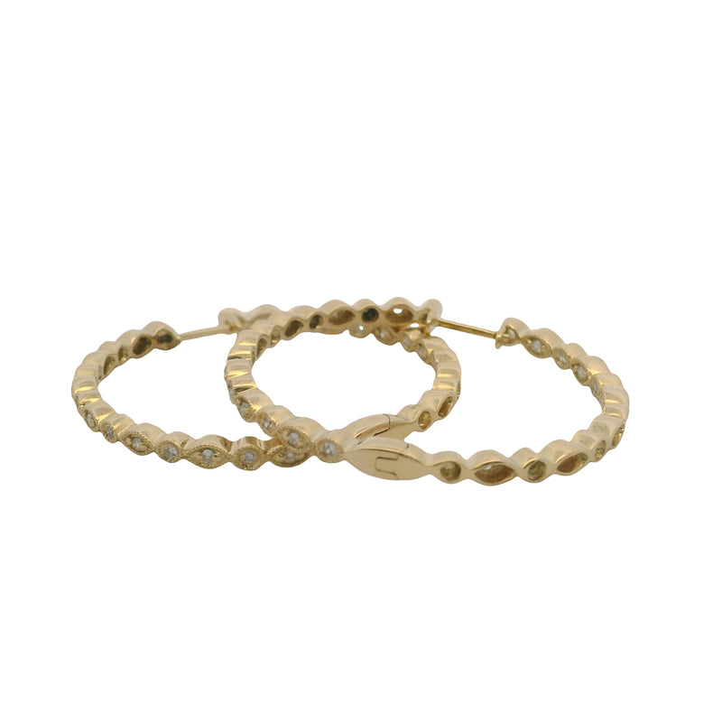 Solid 14kt Yellow Gold and Diamond Inside and Out 1.3" 38mm Long Hoops