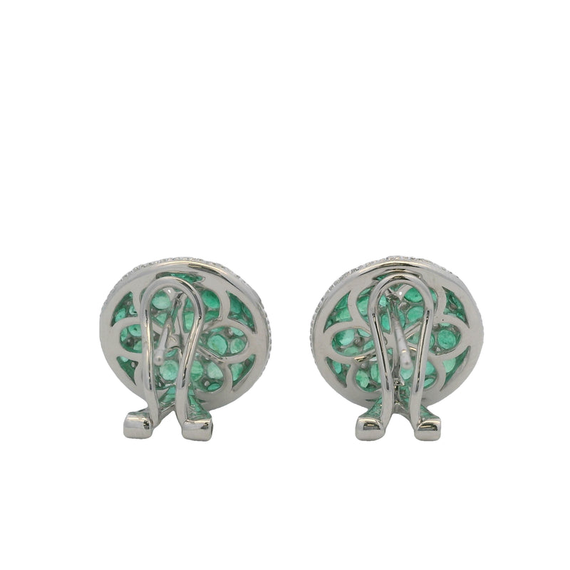 Solid 14kt White Gold Omega-Back Emerald and Diamond Checkerboard Pattern 15mm Earrings