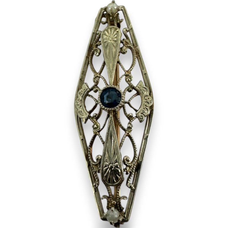 Ostby & Barton Co Antique 1930s 10kt Yellow and White Gold Filigree Brooch with Glass and Seed Pearls