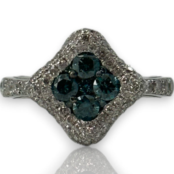 EFFY Solid 14kt Gold Rhodium Plated Irradiated Blue Diamond Cluster Fashion Ring with White Diamond Cluster Halo and Shoulders Size 7