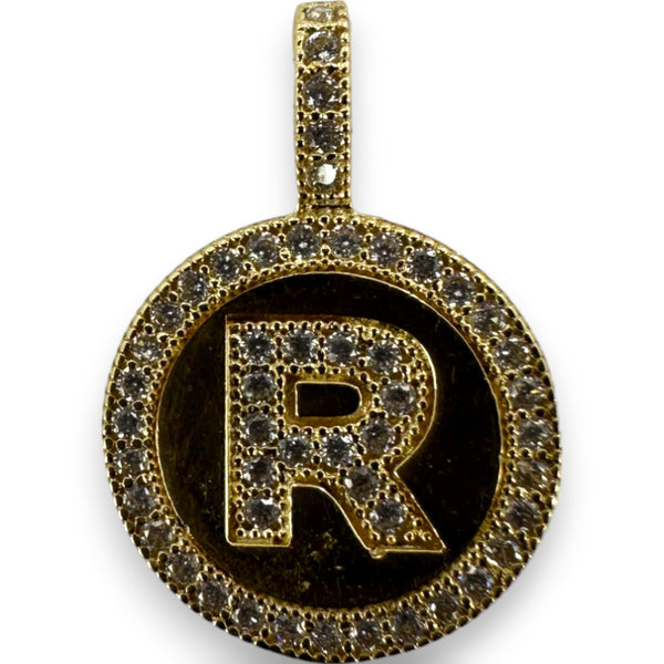 Letter "R" Cubic Zirconia Alphabet Disk Pendant Charm 14kt Yellow Gold