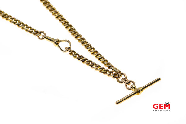 Antique 1900-1910s WH Wilmot Ltd Solid 9kt Yellow Gold Albert Pocket Watch Chain with Buttonhole T-Bar and Dog Clip Clasp