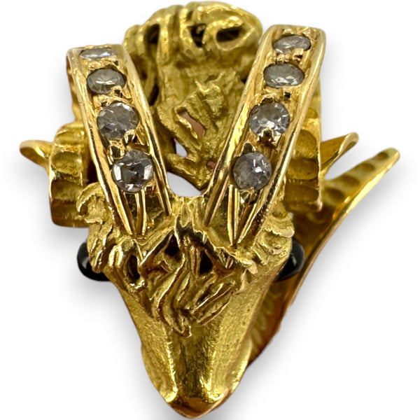 Vintage 1980s Solid 18kt Yellow Gold Detailed Ram's Head Ring with Diamond Horns and Onyx Eyes Size 6