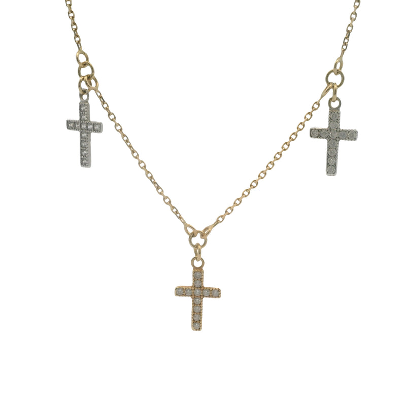 Solid 14kt Yellow Gold and Cubic Zirconia Crosses Stationed Pendant 18" Chain Necklace