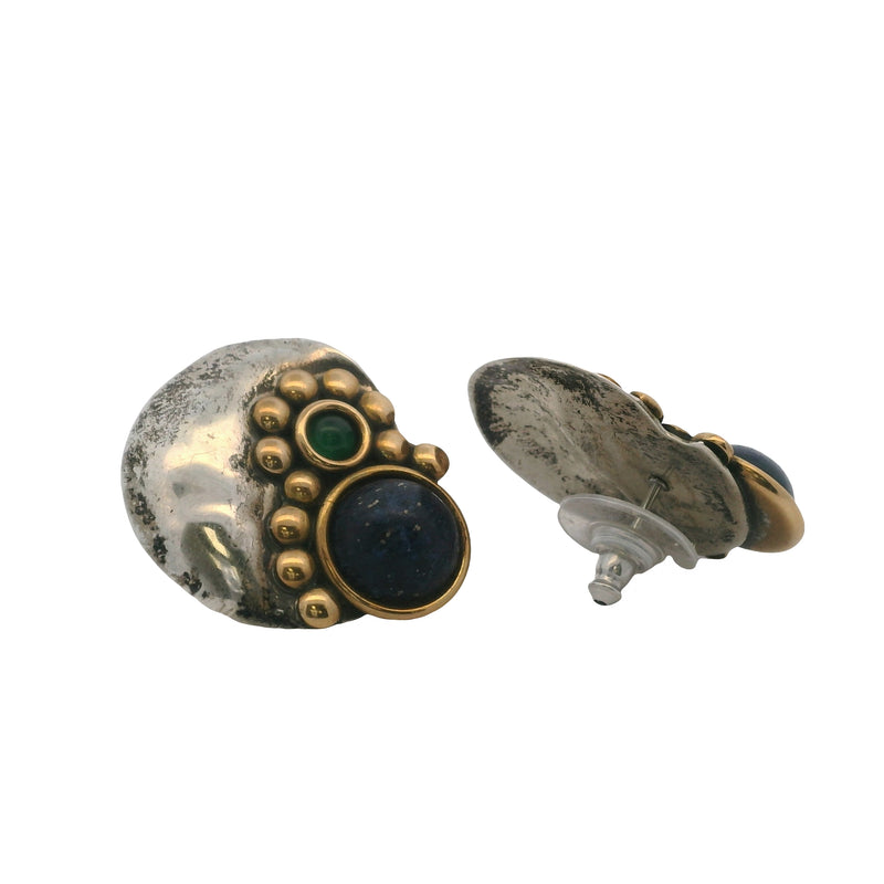 Louis Booth 925 Sterling Silver and Brass 28mm Earrings with Sodalite and Green Onyx Cabochons