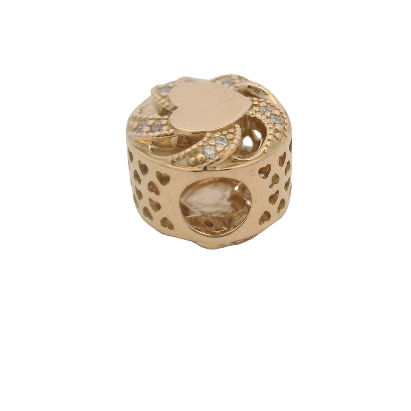 Charm deslizante con espaciador de corazón en forma de cinta de Pandora en oro amarillo sólido de 14 kt y circonitas cúbicas