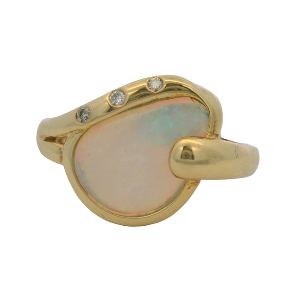 EO Solid 18kt Yellow Gold Asymmetric Cocktail Ring With Stunning Translucent Bezel-Set Fire Opal and 3 Accent Diamonds Size 6.25