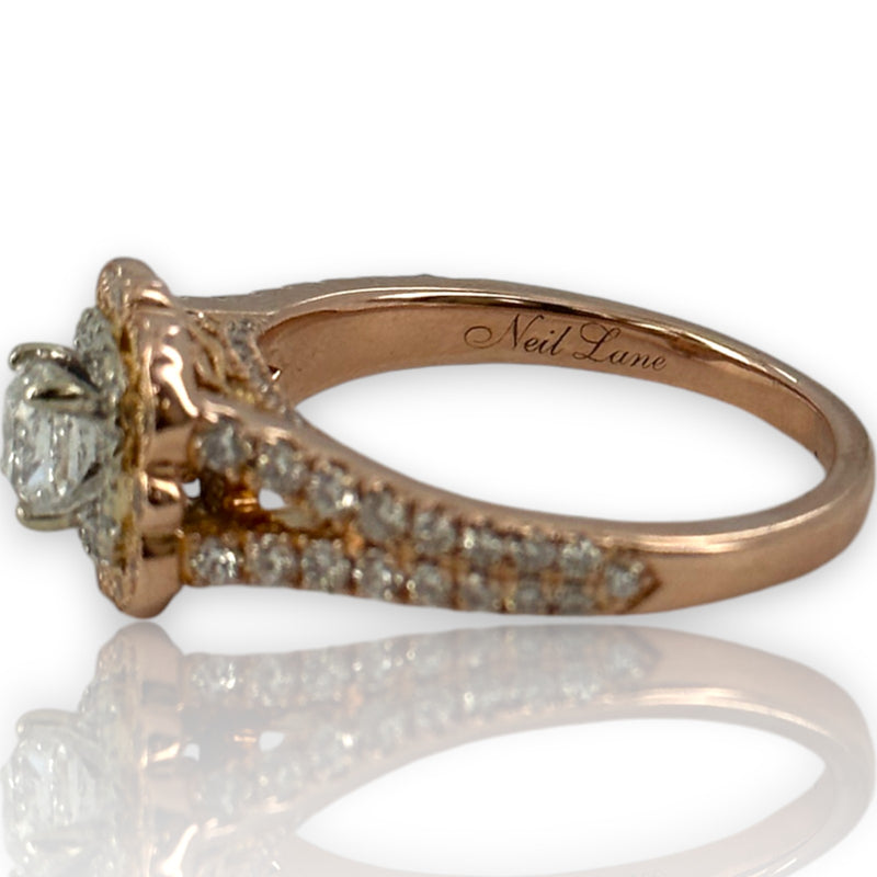Neil Lane Retired Solid 14kt Rose Gold Cushion Cut Prong Set Diamond Engagement Ring with Double Halo and Diamond Split Sides Size 8.5