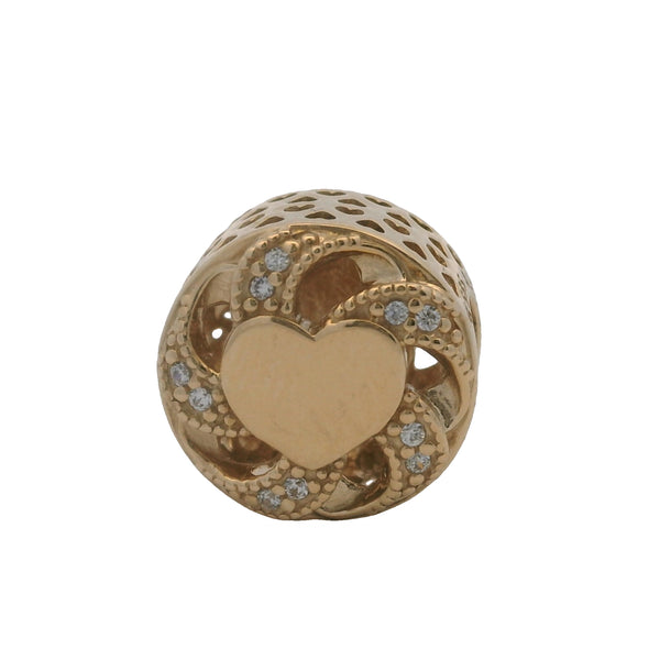 Charm deslizante con espaciador de corazón en forma de cinta de Pandora en oro amarillo sólido de 14 kt y circonitas cúbicas