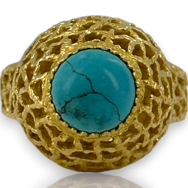 Vintage 1970-80s18kt Yellow Gold Openwork Hammered Finish Cocktail Ring with Cabochon Turquoise Size 8