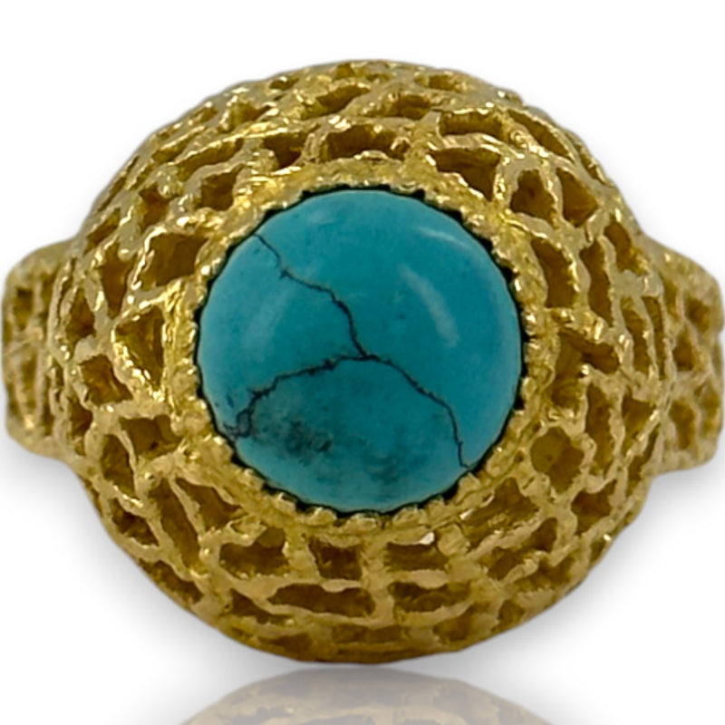 Vintage 1970-80s18kt Yellow Gold Openwork Hammered Finish Cocktail Ring with Cabochon Turquoise Size 8