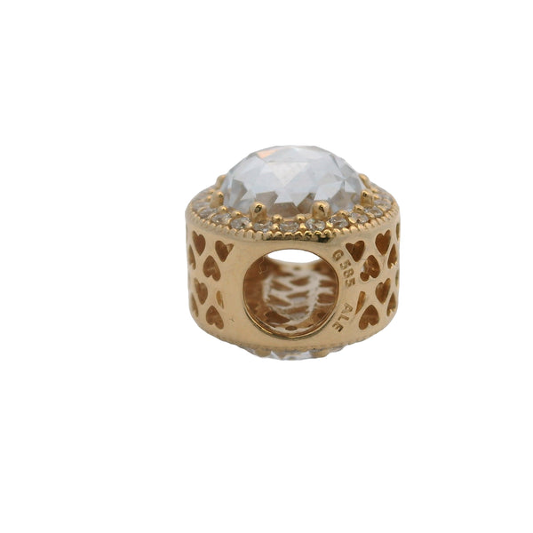 Charm espaciador Pandora de oro amarillo macizo de 14 kt con corazones radiantes y circonita cúbica