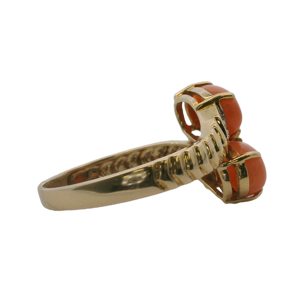Vintage 1960-70s 14kt Yellow Gold Cabochon Coral Bypass Ring with Diamonds Size 7