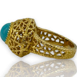 Vintage 1970-80s18kt Yellow Gold Openwork Hammered Finish Cocktail Ring with Cabochon Turquoise Size 8