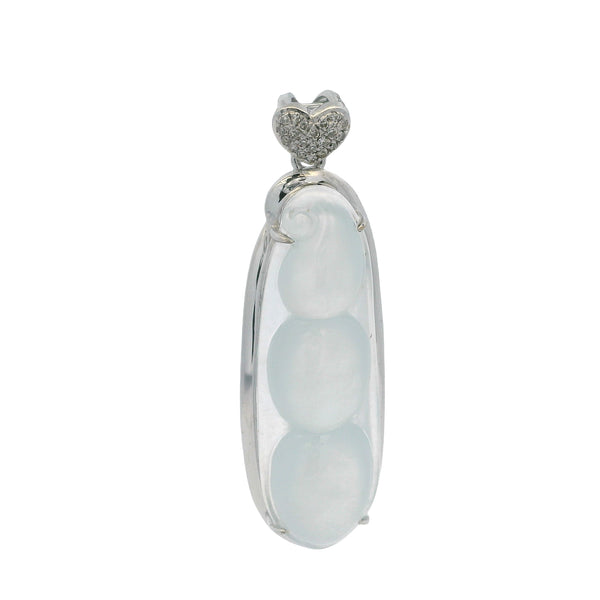Vintage Solid 18kt White Gold Ice Jadite Jade Peapod Long Pendant with Diamond Cluster Heart