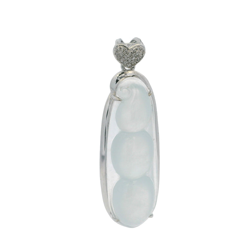 Vintage Solid 18kt White Gold Ice Jadite Jade Peapod Long Pendant with Diamond Cluster Heart