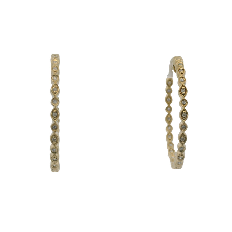 Solid 14kt Yellow Gold and Diamond Inside and Out 1.3" 38mm Long Hoops