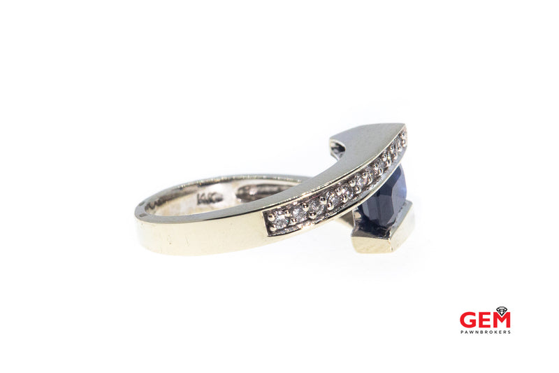 BITA Natural Emerald Cut Sapphire & Diamond Accent Wrap Band 18K 750 White Gold Ring Size 6 3/4