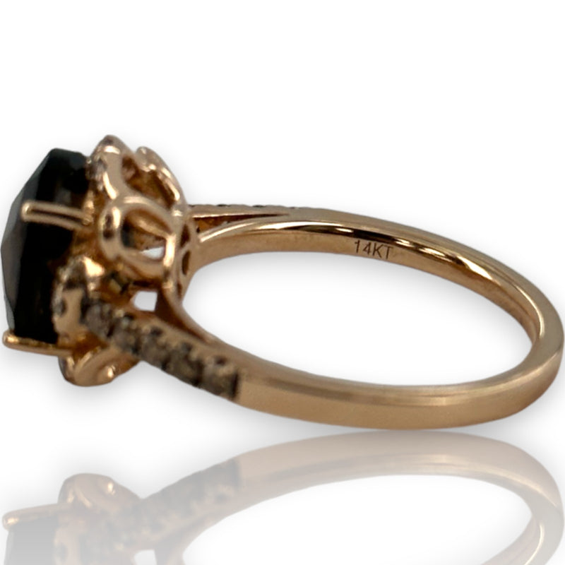 LeVian Solid 14kt Strawberry Rose Gold Ring with Chocolate Smokey Quartz and Diamond Accents Size 6.75