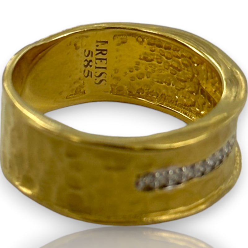 I. REISS Solid 14kt Yellow Gold Scalloped Textured Hammer-Finish Ring with Burnish Set Diamonds Size 7