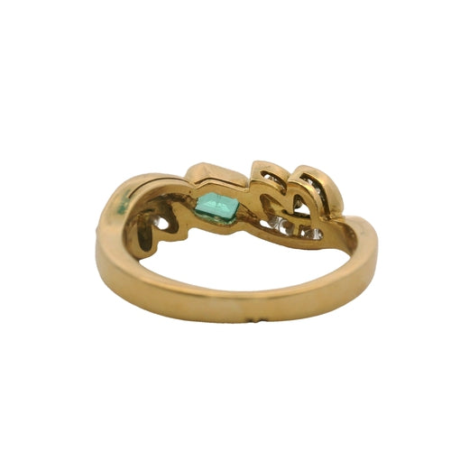 18kt Yellow Gold and Emerald Solitaire Ring with Diamond Leaf and Side Accents Size 7