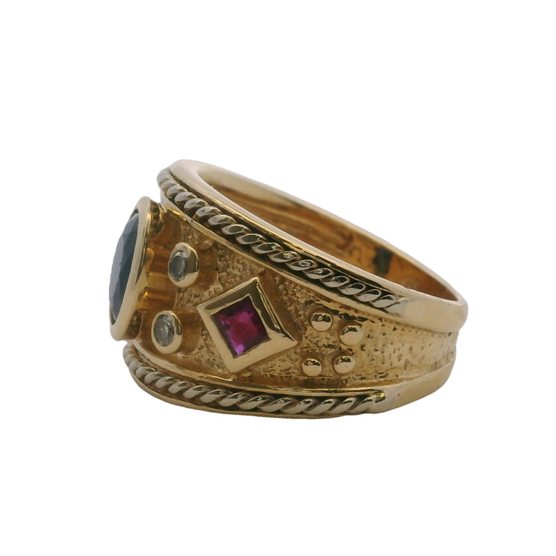 Etruscan Revival 14kt Yellow Gold Band Sapphire Gemstone Diamond Ring Size 5.75