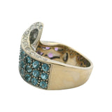 Solid 18kt White Gold Amethyst, Blue Topaz, and Diamond Wave Cocktail Ring Size 6.5