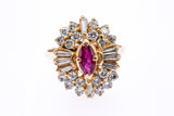 Vintage 1950-70s Natural Ruby Baguette Diamond Cocktail Cluster 14K 585 Yellow Gold Ring Sz 4 3/4