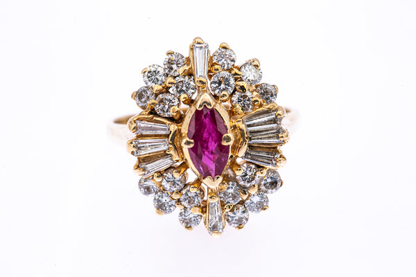 Vintage 1950-70s Natural Ruby Baguette Diamond Cocktail Cluster 14K 585 Yellow Gold Ring Sz 4 3/4